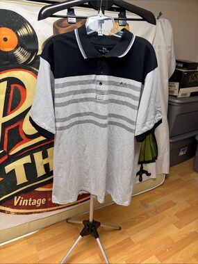 Men's Black and Gray Striped Polo Shirt